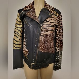 Michael Kors Leather Belt Jacket Chettah Animal Print Fur Studded Biker Jacket